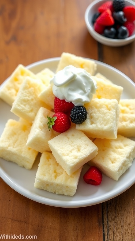 Fluffy cloud bread pieces topped with whipped cream and berries on a rustic table.